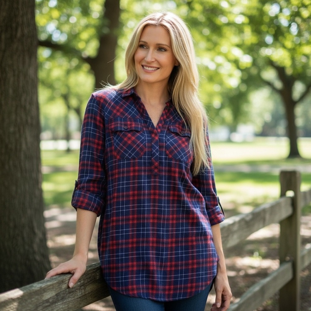 J. CREW Womens Sz PM Cotton Flannel Shirt Dress Orange‎ & Blue Plaid Pockets